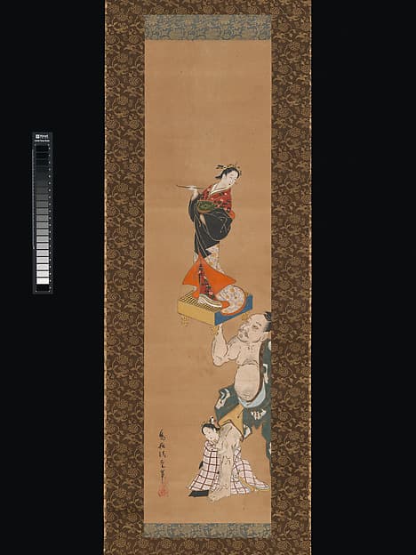 伝鳥居清重筆 朝比奈義秀図|The Warrior Asahina Yoshihide Lifting a Puppet of a Courtesan on a Go Board