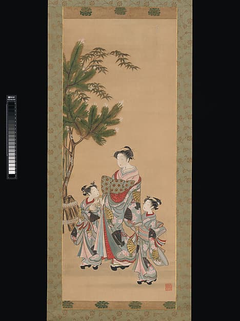 磯田湖竜斎筆 花魁と禿の初詣図|Courtesan and Two Attendants on New Year's Day