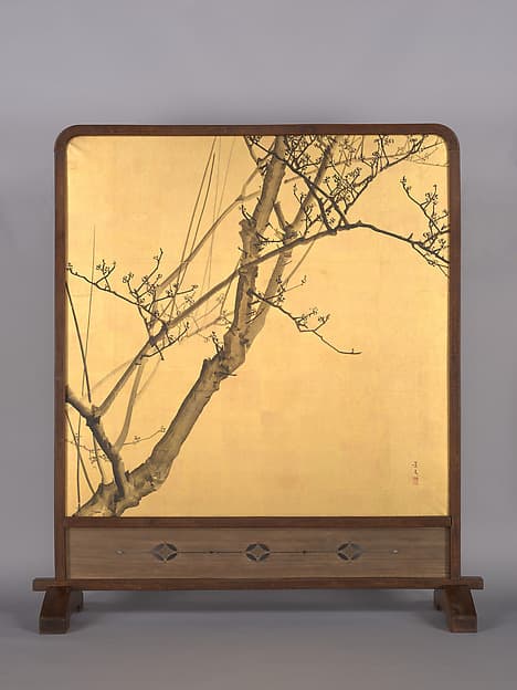 松村景文筆 頼山陽書 梅図衝立屏風|Plum Blossoms