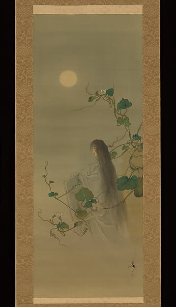 月岡芳年筆 「月百姿 源氏夕顔巻」|The Spirit of the Deceased Yūgao Entwined in Moonflower Vines, based on the print “The Lady of the Evening Faces,” from the series One Hundred Aspects of the Moon (Tsuki hyakushi: Genji Yūgao no maki)