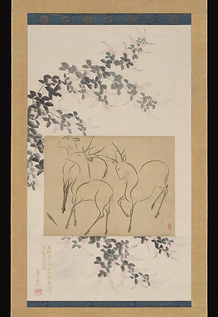 Preliminary Drawing of Three Deer Mounted on a Hanging-scroll Painting of Flowering Bush Clover