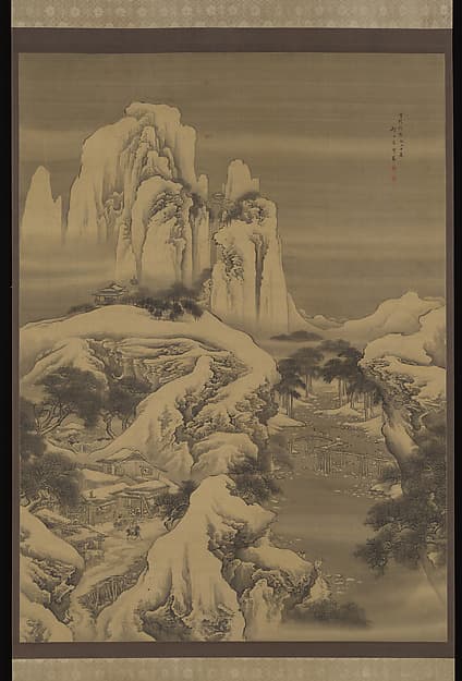 清 袁耀 雪棧行旅圖 軸|Inn and Travelers in Snowy Mountains