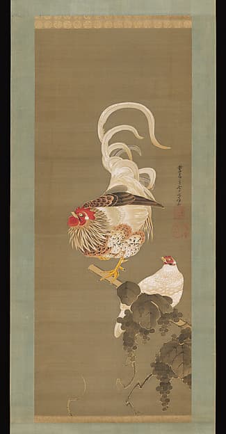 伊藤若沖筆　葡萄双鶏図|Hen and Rooster with Grapevine