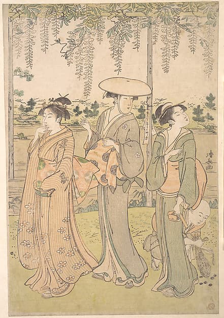 Three Women and a Small Boy beneath a Wisteria Arbor on the Bank of a Stream