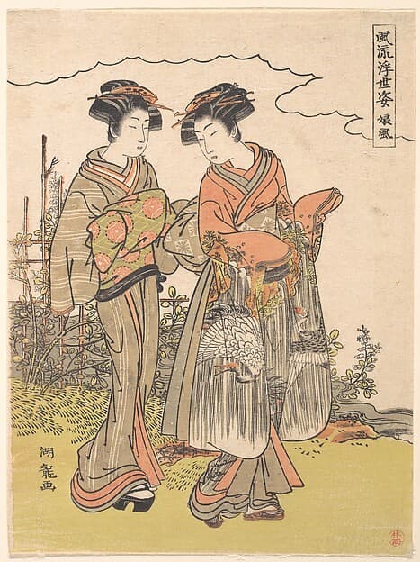 Girl Accompanied by an Elder Attendant Walking by a Stream