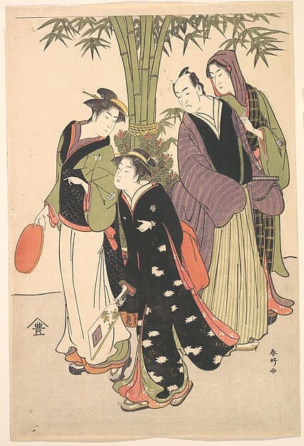 勝川春好画　三代目瀬川菊之丞・二代目市川門之助|Kabuki Actors Segawa Kikunojō III and Ichikawa Monnosuke II and Two Courtesans Celebrating the New Year