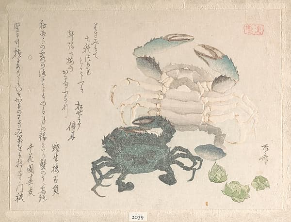『春雨集』 摺物帖柳々居辰斎画 蟹と蓮華|Spring Rain Collection (Harusame shū), vol. 1: Crabs and Lotus Blossoms