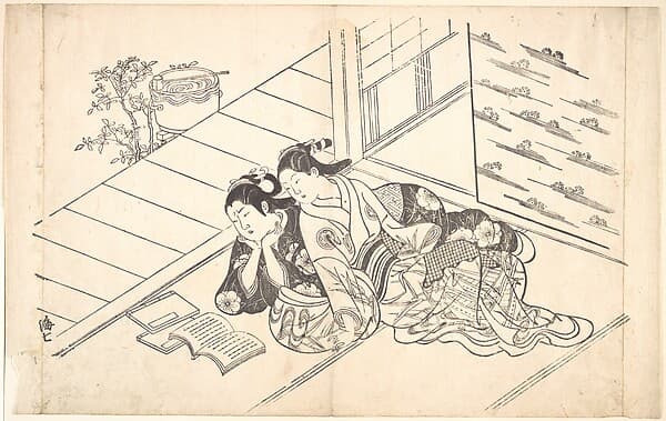 Two Women Reclining on the Floor of a Room and Reading a Book