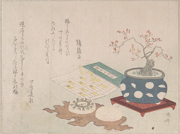 鉢梅、懐中日時計、羅針盤|Bonsai Plum, Compass, and Pocket Sundial with Design of Calendar, from Spring Rain Surimono Album (Harusame surimono-jō, vol. 3)