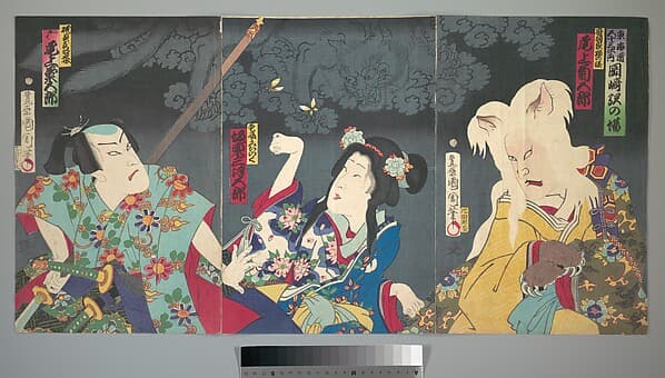 東海寄談音児館|Onoe Kikugorō V as Otowake Neko no ke (Right), Bandō Mitsugorō IV as Aishō Michinoku (Center), Onoe Kikugorō V as Isogai Mibunosuke (Left) in the Kabuki play Tōkai Kidan Nekomata Yashiki