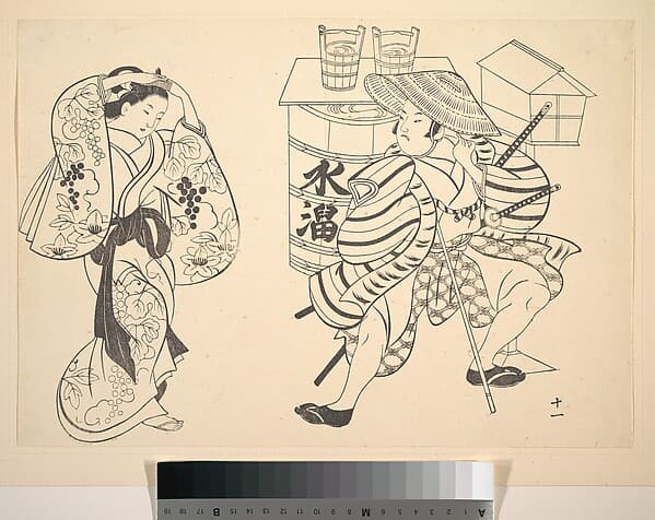 An Oiran Rearranging Her Hair in the Street while a Young Samurai Looks on