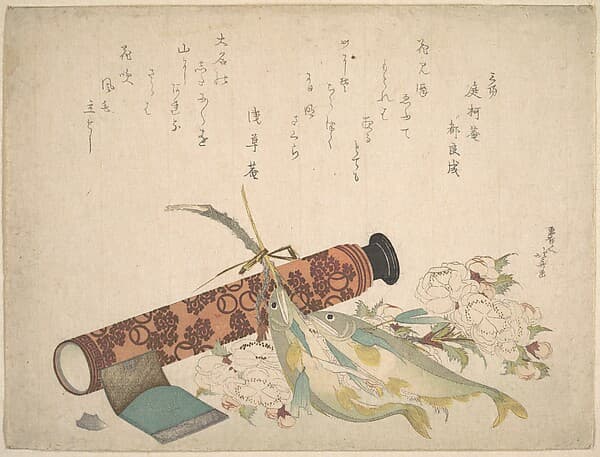 Still Life: Double Cherry-Blossom Branch, Telescope, Sweet Fish, and Tissue Case