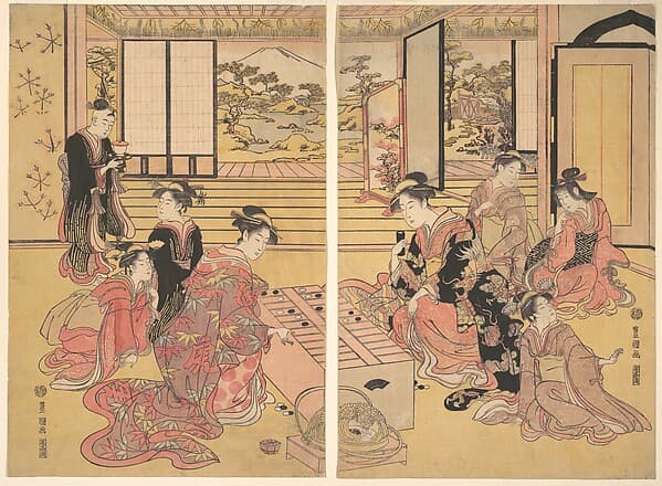 Two Young Women Playing a Game of Sugoroku