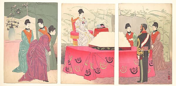 参謀本部行啓之図|Illustration of the Empress Visiting the General Staff Headquarters [to present a tray of bandages] (Sanbō honbu gyōkei no zu)