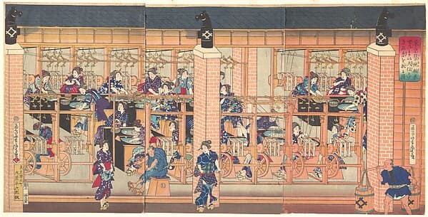 『東京築地舶来ぜんま い大仕かけきぬ糸をとる図』|Imported Silk Reeling Machine at Tsukiji in Tokyo