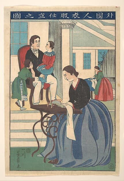 歌川芳員画 『外国人衣服仕立之図』|Foreign Family with Wife Making Clothes (Gaikokujin ifuku shitate no zu)