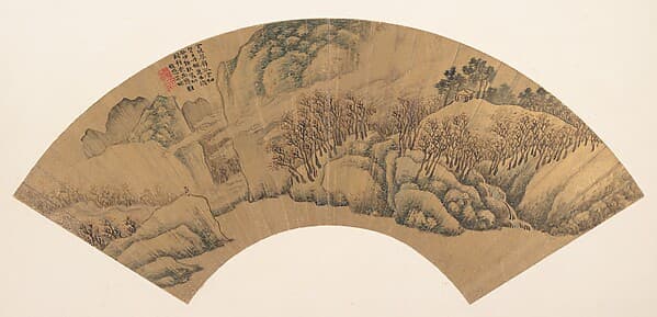 明 吳彬 翠壁丹楓 扇|Azure Cliff with Red Maples