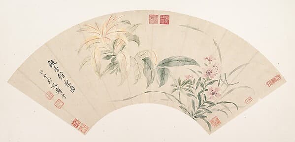 清 惲壽平 花卉圖 摺扇|Carnations and amaranthus