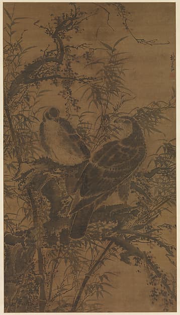 明 林良 二鷹圖 軸|Two hawks in a thicket