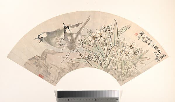 清 徐祥 小鳥水仙 扇面|Birds and Narcissus