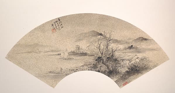近代 吳石僊 春江煙雨 扇面|Misty Rain on the River in Spring
