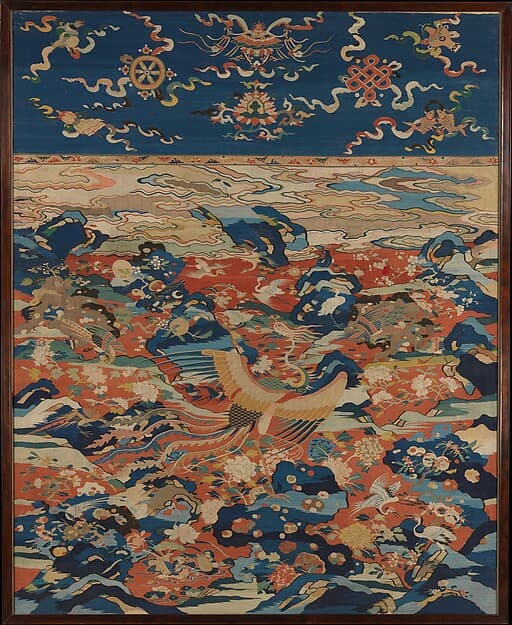 明晚期 緙絲百鳥朝鳳圖屏|Panel with a Phoenix and Birds in a Rock Garden