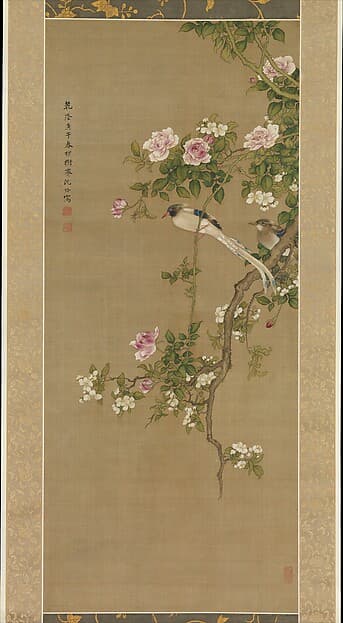 清　沈銓　高堂雙壽圖　軸|Crabapple, China rose, and Indian flycatcher
