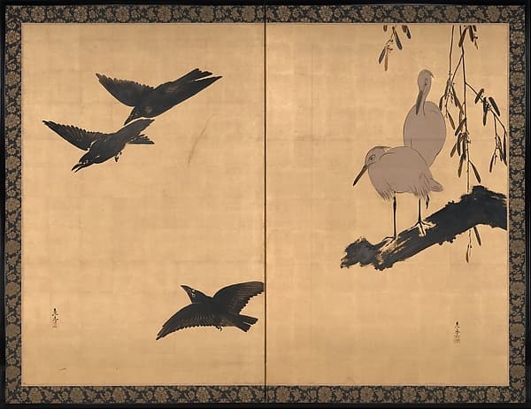 柴田是真筆　烏鷺図屏風|Egrets and Crows