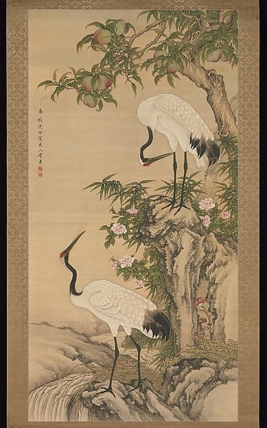 清 沈銓 月季桃鶴圖 軸|Cranes, peach tree, and China rose