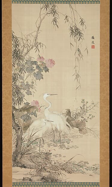 山本梅逸筆 柳鷺図|Egrets, Peonies, and Willows