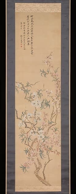 椿椿山筆 紅白桃花図（付・画稿）|Red and White Peach Blossoms