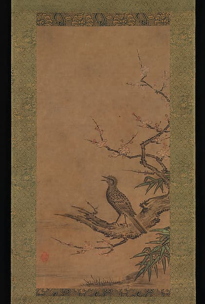 狩野松栄筆 梅鵯図|Brown-Eared Bulbul (Hiyodori) on a Branch of Plum