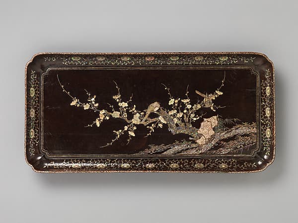 元末明初 黑漆嵌螺鈿梅鵲紋長方盤|Rectangular tray with flowering plums and birds