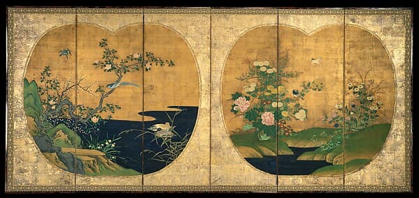 狩野周信筆 秋冬花鳥図屏風|Birds and Flowers of Autumn and Winter