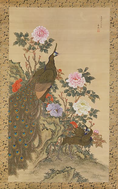 牡丹に孔雀図|Peacocks and Peonies