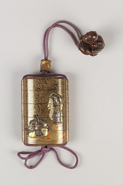 Case (Inrō) with Design of Seated Courtier Drinking Sake and a Young Woman with Maple Leaves