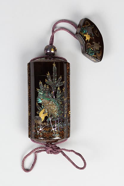Case (Inrō) with Design of Cranes and Pines with Takaramono (Mythical Treasure)