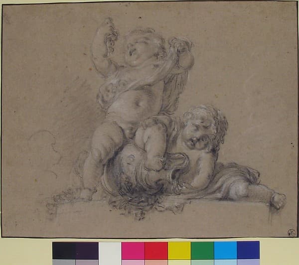 Two Putti, One Holding Aloft a Bunch of Grapes