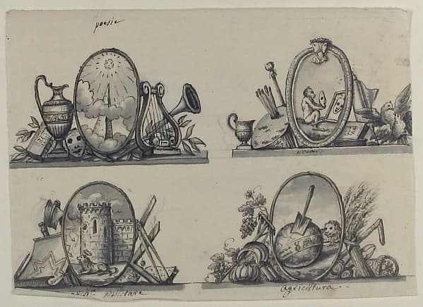 Four Designs for Emblems (recto); Sketch of Three Putti (verso)