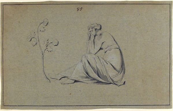 Seated Woman Weeping infront of Flowers