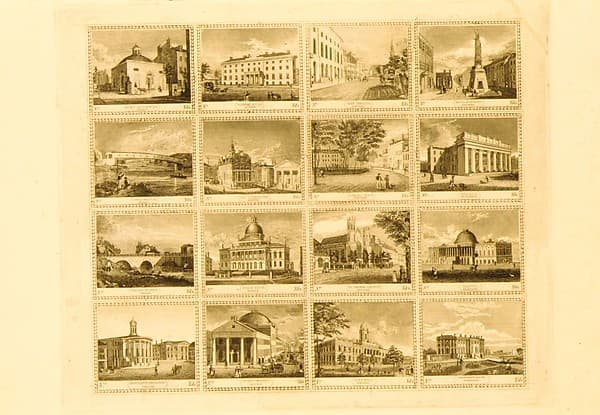Sheet of Fabric Labels with Sixteen Views of Buildings in Boston, New York, Philadelphia, Baltimore, Providence and Washington