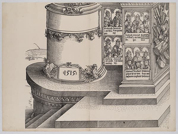 Portraits of Maximilian's Relatives; and the Base of the Left Outer Column with the Date 1515, from the Arch of Honor, proof, dated 1515, printed 1517-18