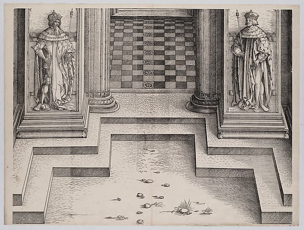 The Pedestal of the Central Portal with Figures of Two Archdukes of Austria, from the Arch of Honor, proof, dated 1515, printed 1517-18