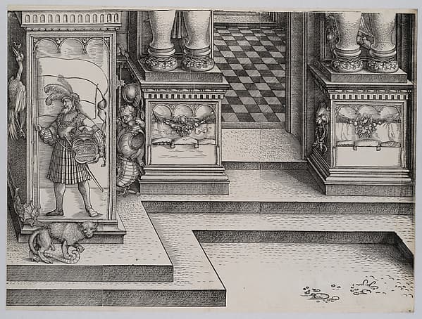 Lower Portion of the Entryway to the Right Portal (Die Porten des Adels); and the Outer Right Sockel of the Central Portal, from the Arch of Honor, proof, dated 1515, printed 1517-18