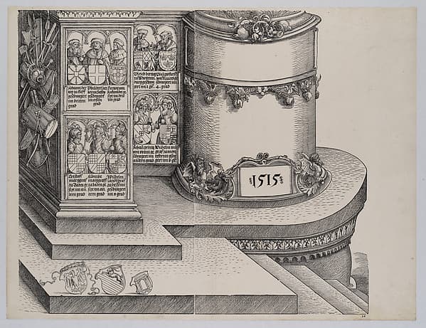 Portraits of Maximilian's Relatives; and The Base of the Right Outer Column with the Date 1515, from the Arch of Honor, proof, dated 1515, printed 1517-18