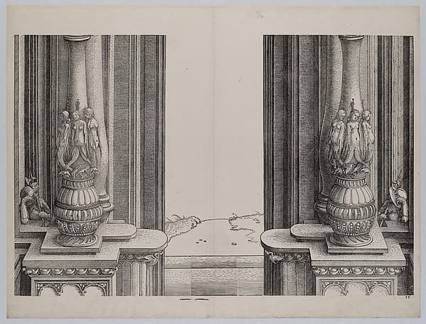The Middle Section of the Entryway to the Central Portal, the Columns Decorated by Sirens and Sleeping Soldiers Behind, from the Arch of Honor, proof, dated 1515, printed 1517-18