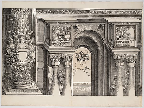 The Arch in the Entryway of the Right Portal (Die Porten des Adels); and the Outer Right Column of the Central Portal, from the Arch of Honor, proof, dated 1515, printed 1517-18