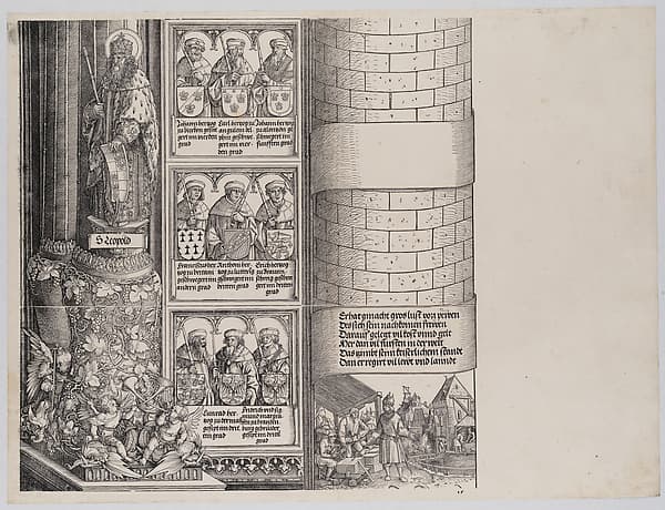 Maximilian as Architect; with a Statue of St. Leopold; and Busts of Maximilian's Ancestors and Relatives, from the Arch of Honor, proof, dated 1515, printed 1517-18
