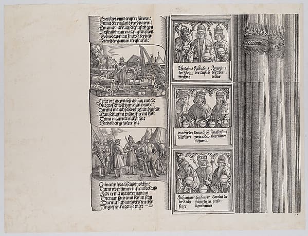 Maximilian as Commander-in-Chief; and Maximilian Conversing in Seven Languages; with Portraits of Emperors and Kings (Maximilian's Forerunners), from the Arch of Honor, proof, dated 1515, printed 1517-18