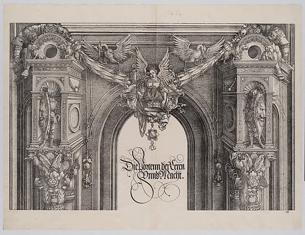 The Upper Section of the Entryway to the Central Portal with a Winged Figure Holding the Imperial Crown, from the Arch of Honor, proof, dated 1515, printed 1517-18